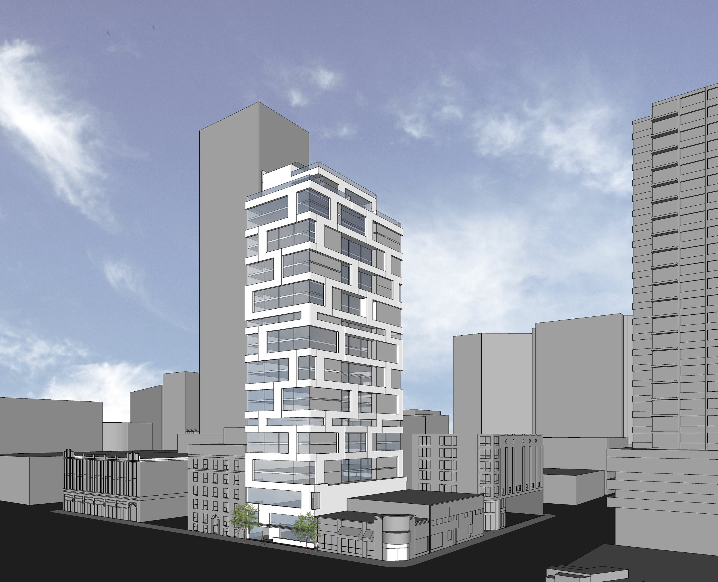 Downtown Silver Cloud Hotel The Downtown Silver Cloud Hotel expresses a unique modern form that is shaped by a direct response to the ever changing and lively dynamics of the urban site context. Located in the heart of the Belltown neighborhood, visible from the downtown core and kitty-corner to Cinerama, this 22 story building features a two-story lobby, bar-lounge and restaurant that engages the street with outdoor sidewalk seating and valet service. The hotel has 176 modern and sophisticated rooms with full access to luxury amenities on the top two floors including a Conference Center with sweeping view of the waterfront, a Fitness Center, and a premiere urban oasis and catered event space featuring a Bar/Lounge, Outdoor Deck and Pool Area.