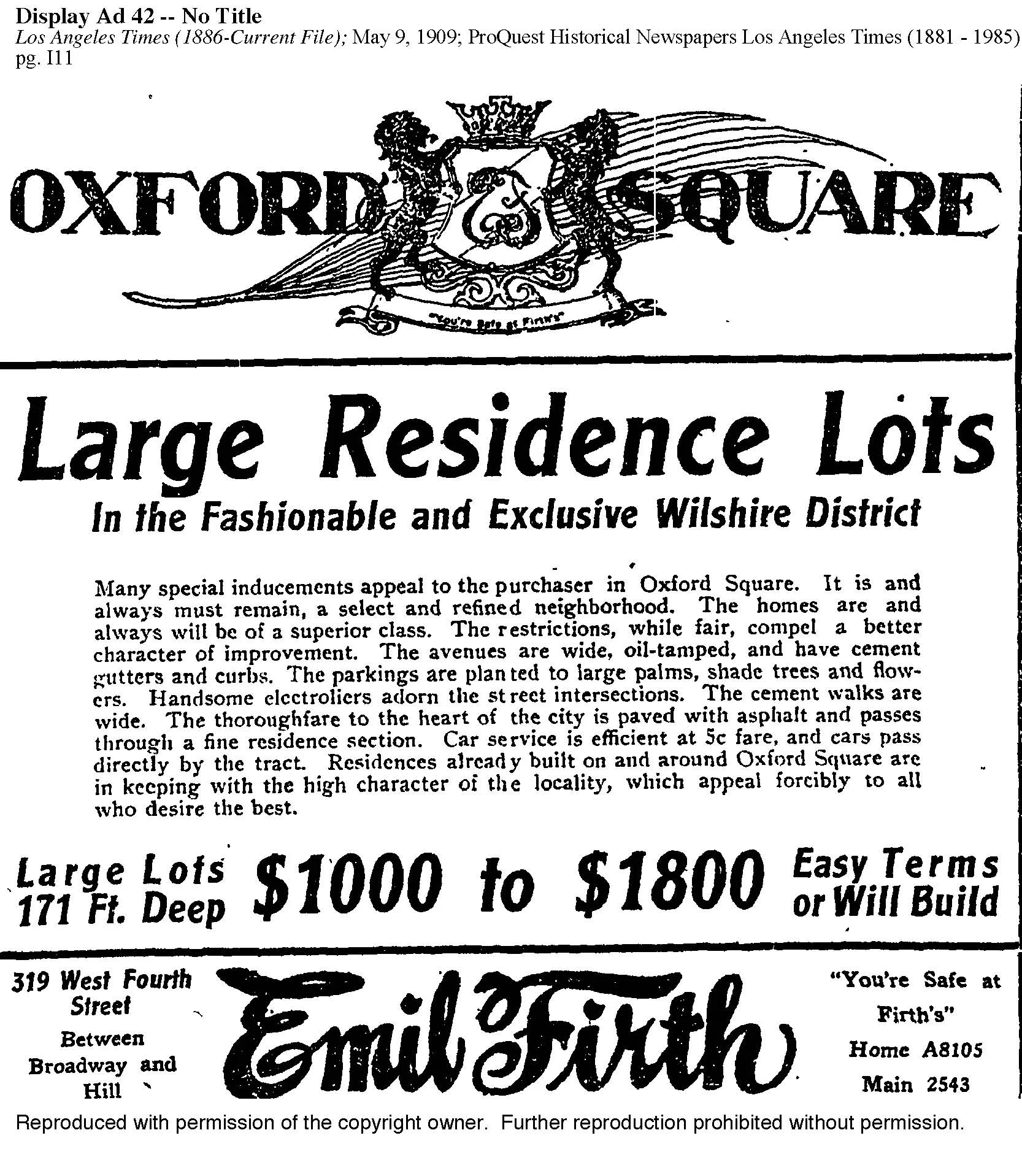 ADVERTISEMENT FOR OXFORD SQUARE, Los Angeles Times May 9, 1909.
