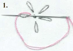 Come up at the point of the petal, from the back side. Bring the needle back down close to where you started and up through the opposite end of the petal, wrapping the floss around the needle as shown.