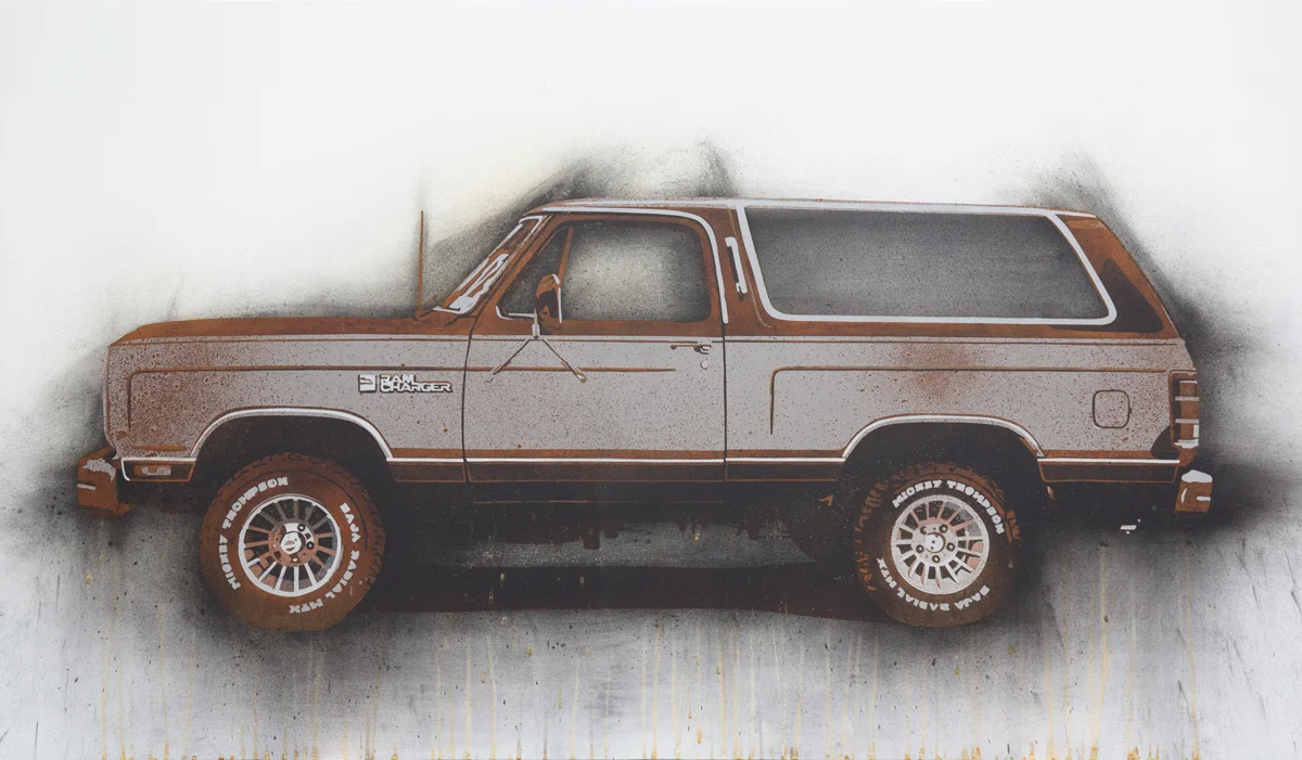 Ramcharger 2013 Rust, charcoal and enamel on steel panel 28"x48"