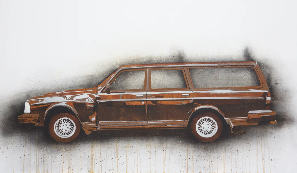 Volvo 240 wagon 2013 Rust, charcoal and enamel on steel panel 28"x48"