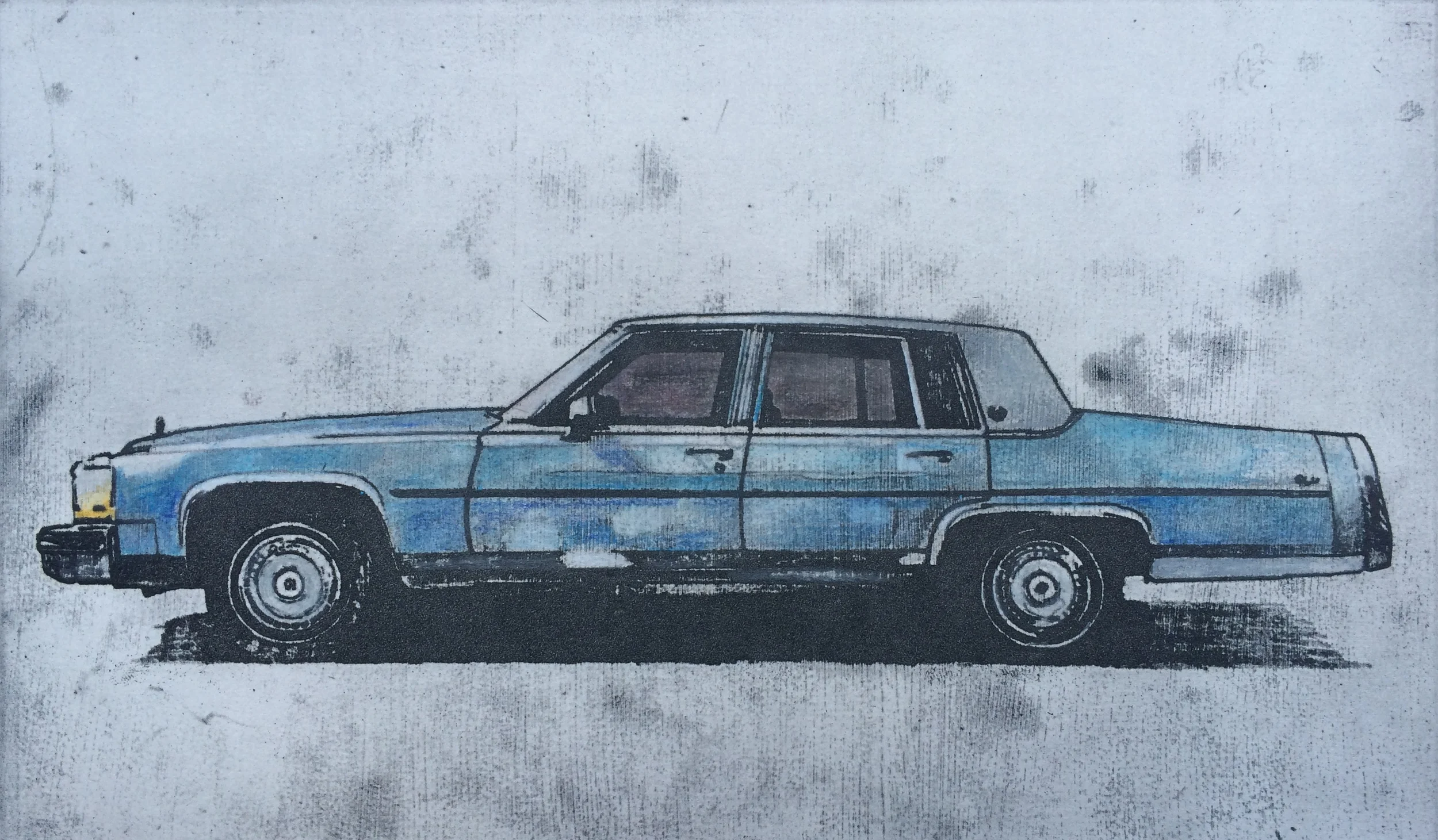 "Caddy" hand colored etching 6"x10" on 11"x14" paper