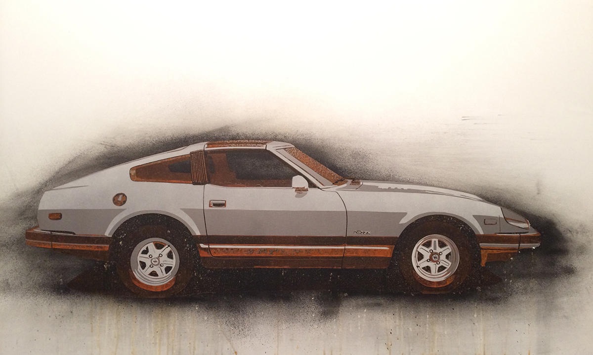 Datsun Z 2014 Rust charcoal and enamel on steel panel 28"x48"