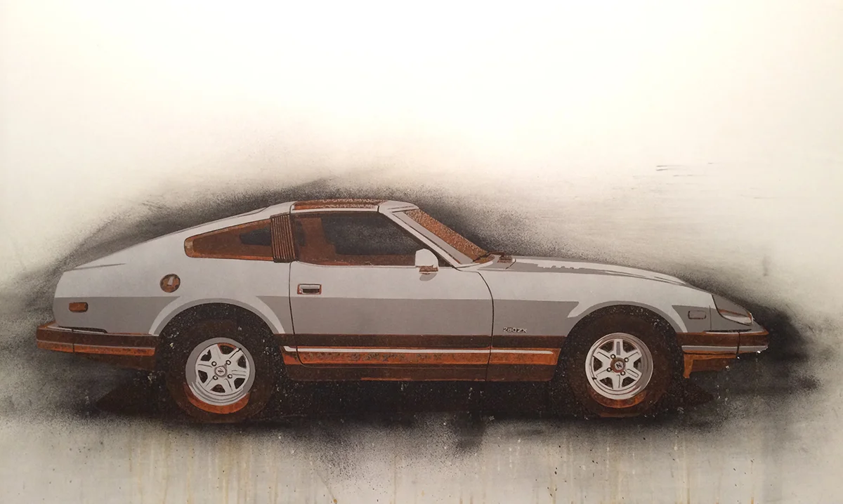 Datsun Z 2014 Rust charcoal and enamel on steel panel 28"x48"