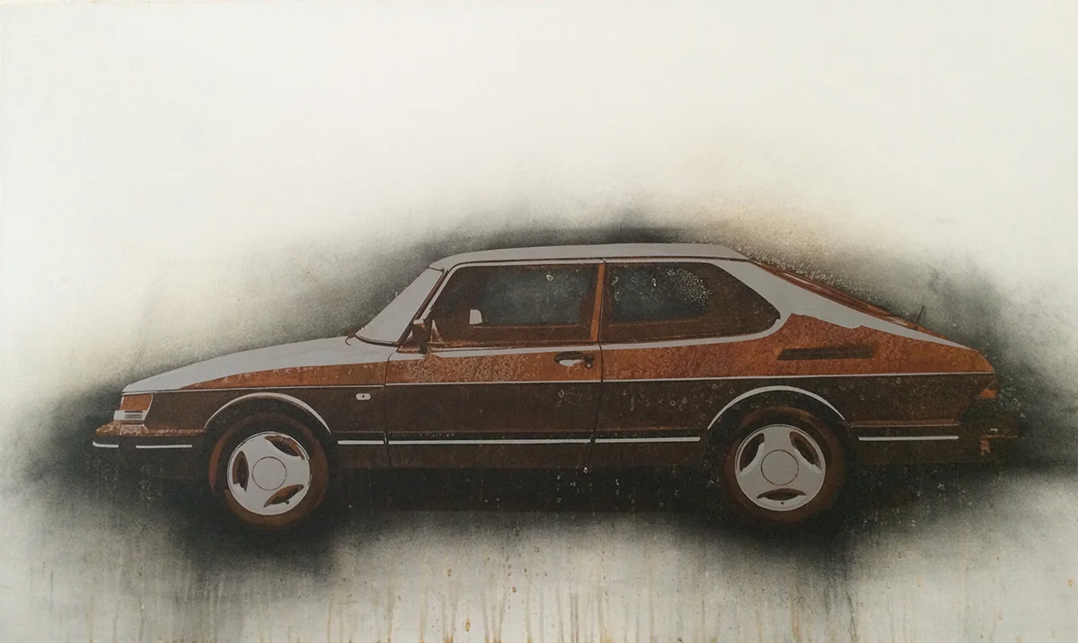 Saab 900 2014 Rust charcoal and enamel on steel panel 28"x48"