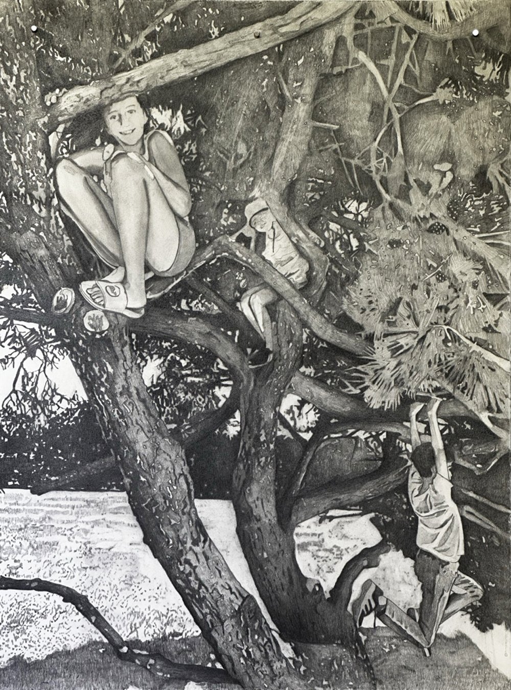 Untitled (Children in Tree) 30x22" Graphite on paper