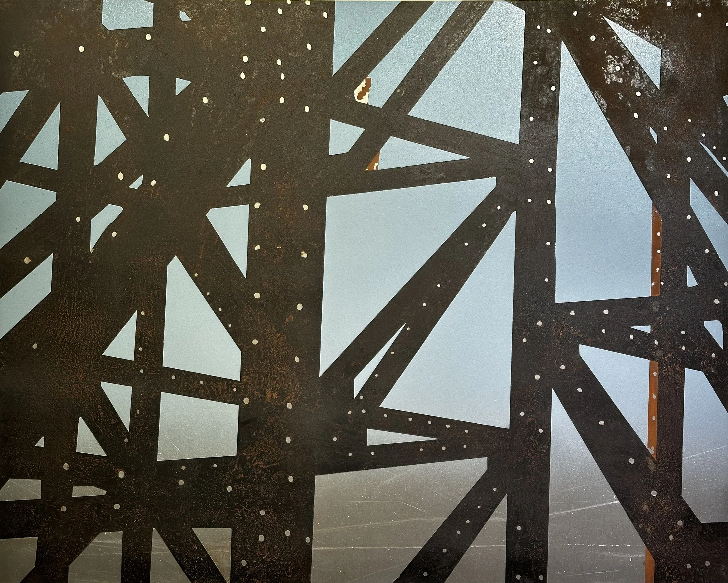 Smith and 9th abstraction 2/3 2012 Rust, charcoal and enamel on steel panel 24"x30"