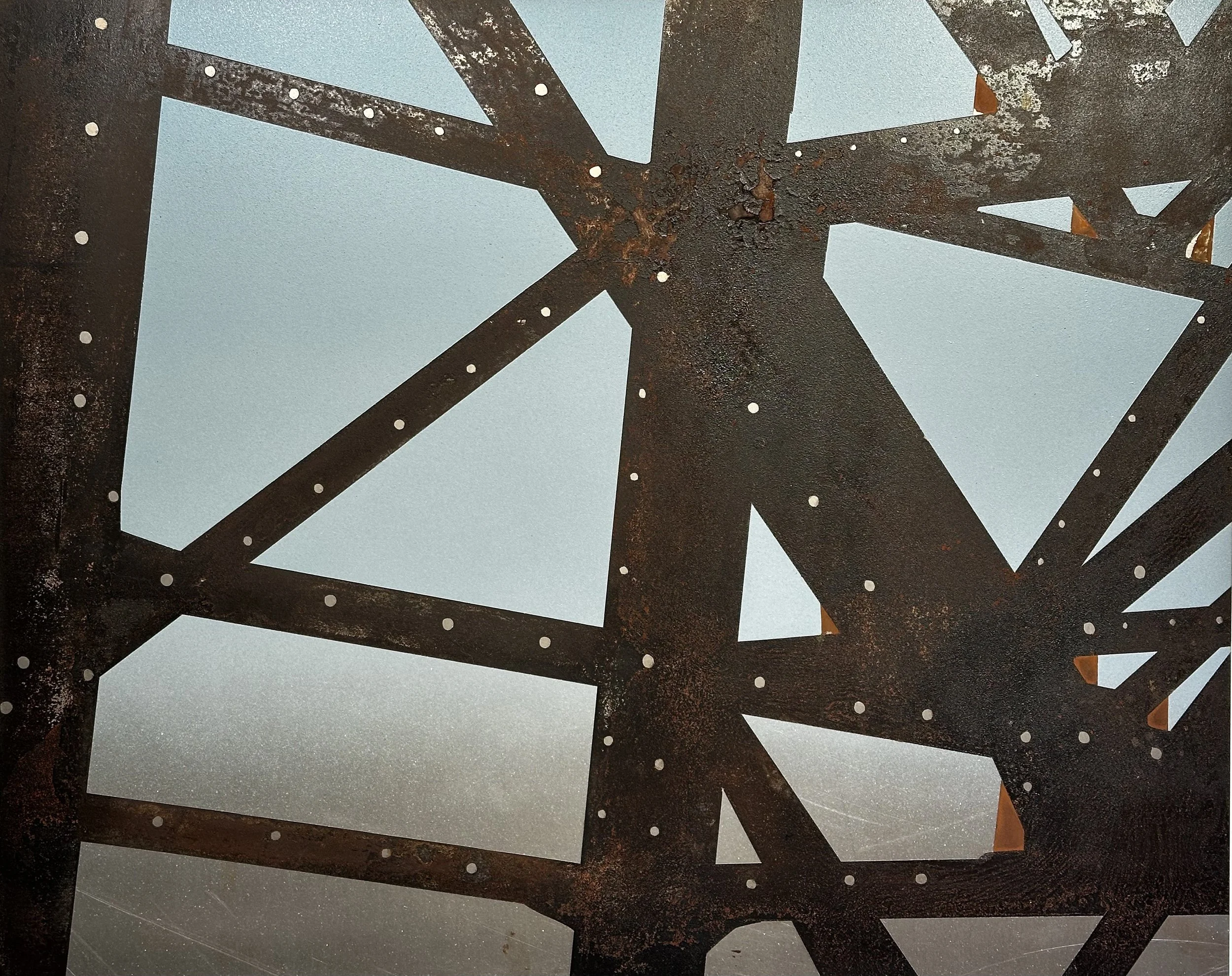 Smith and 9th abstraction 3/3 2012 Rust, charcoal and enamel on steel panel 24"x30"