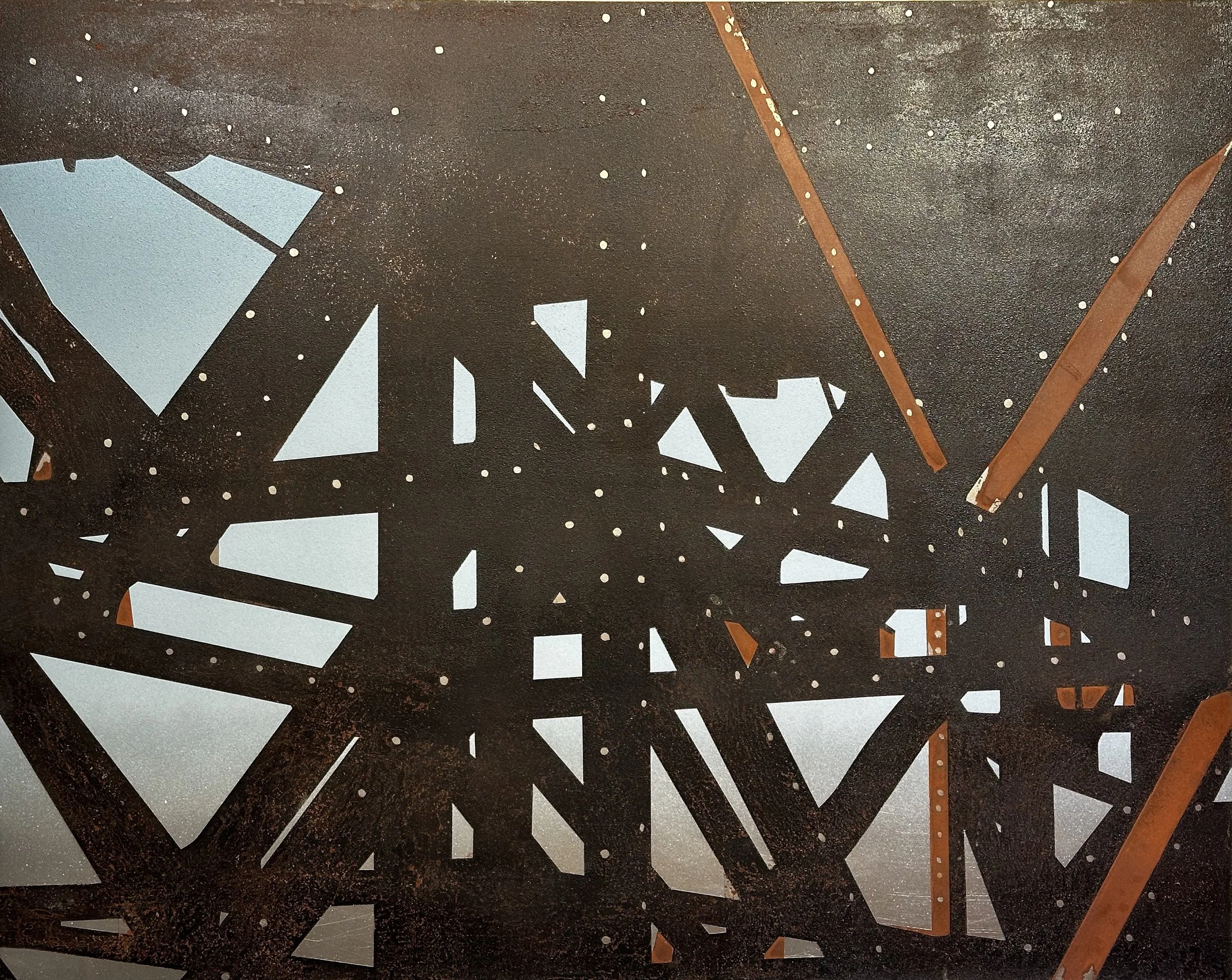 Smith and 9th abstraction 1/3 2012 Rust, charcoal and enamel on steel panel 24"x30"