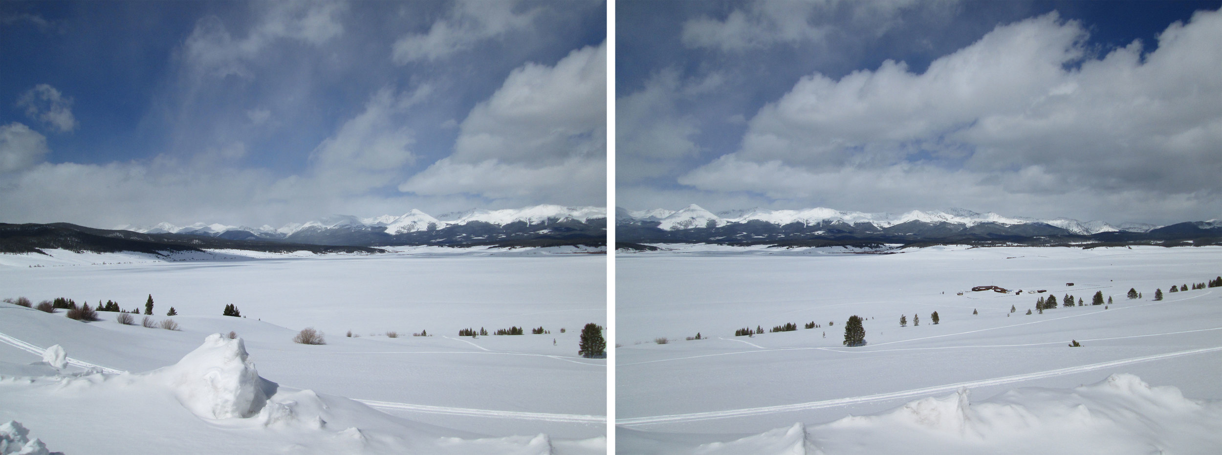 Heavy, clean snowcover blanketed Taylor Reservoir, Taylor Park, and the distant Collegiate and Sawatch Ranges on March 28, 2014 as dust layer D3-WY2014 lay buried well below the surface. Subsequently, dust-on-snow event D4-WY2014 fell on March 30, but is being covered with new snow as of this writing.