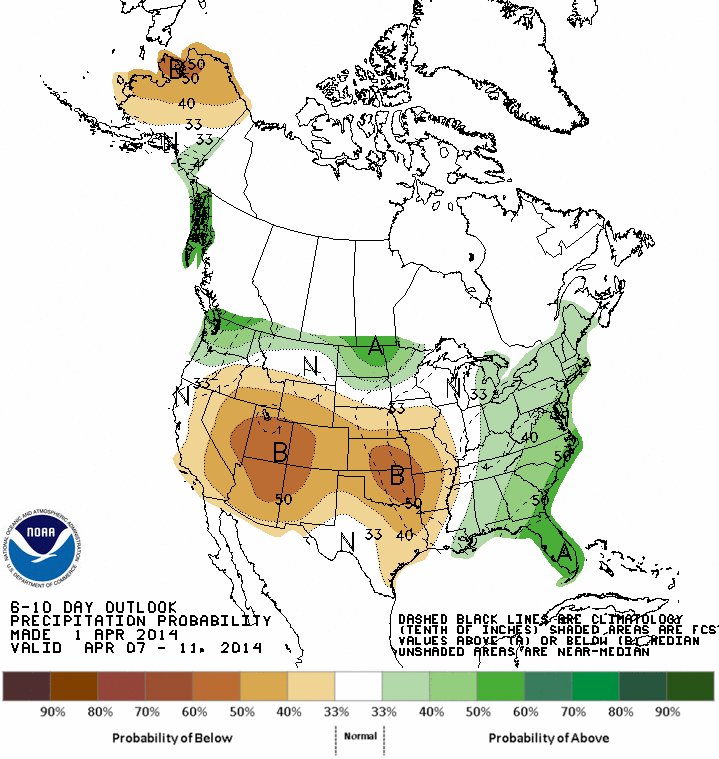 The NOAA 6-10 day outlook for April 7-11, issued April 1, anticipates substantially below-average precipitation throughout Colorado for that period. A dry period could enable the emergence of the strong dust layer D4 and rapid snowpack warming described above.