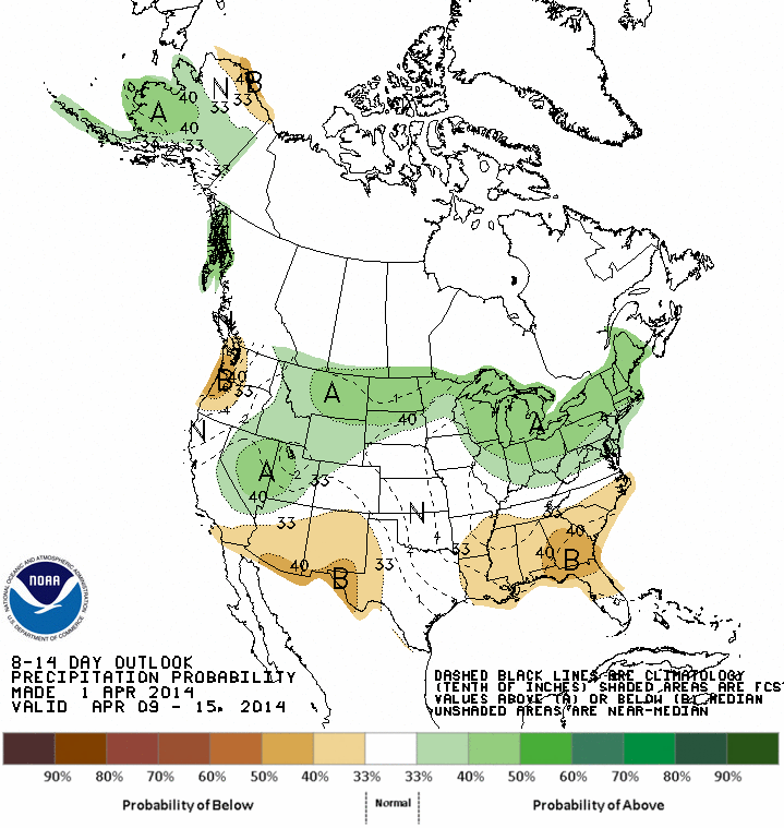 NOAA’s 8-14 day outlook foresees a return to normal precipitation conditions. Occasional storms could result in short-term restoration of higher snowcover albedo, and/or could deliver additional dust-on-snow. 