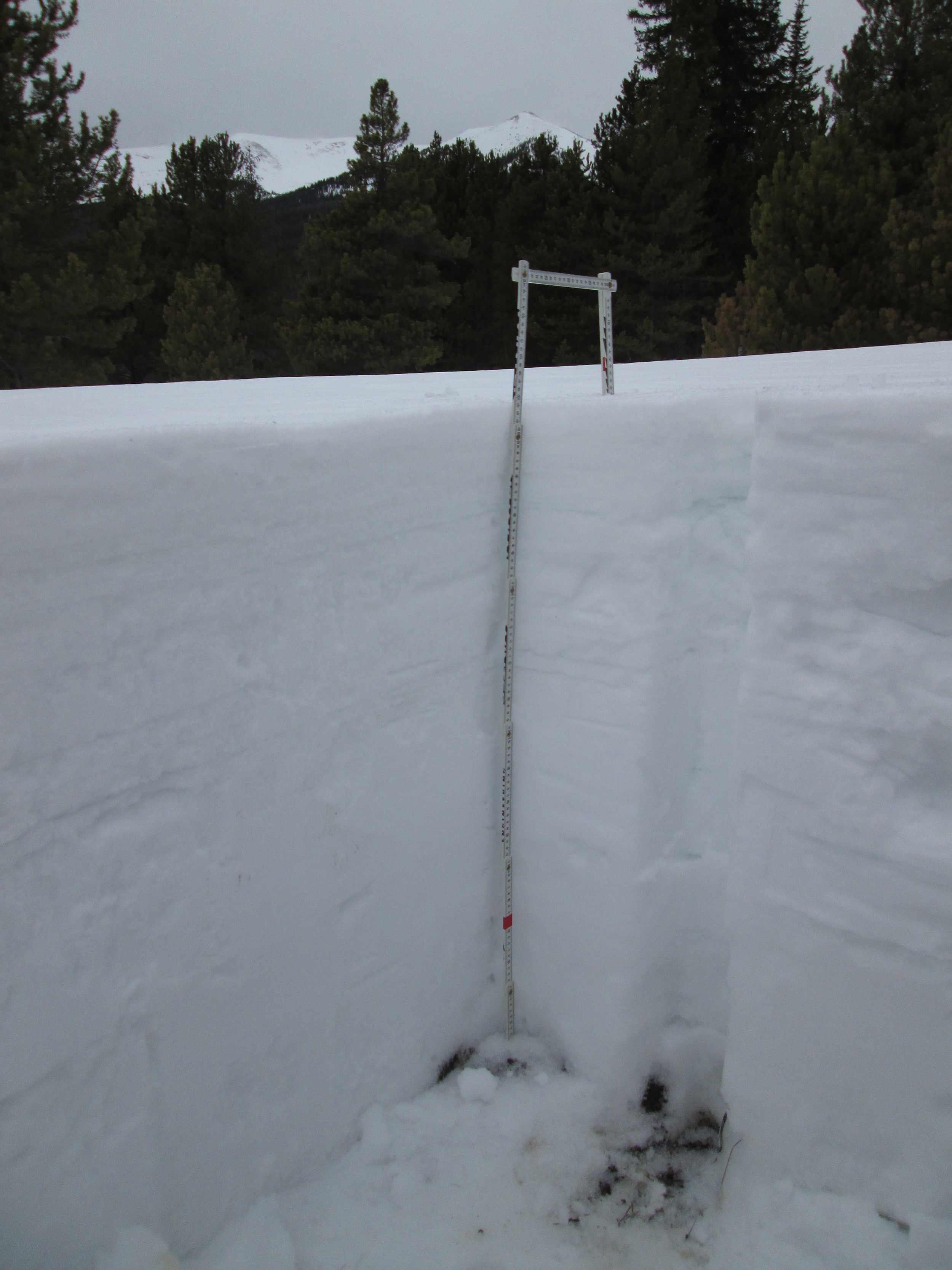 In mid-afternoon on Sunday, March 30, no dust was visible within or at the surface of the Willow Creek snow profile, seen above with Parkview Mountain in the distance.&nbsp; At the time of this profile, this was the only clearly dust-free snowpack o…