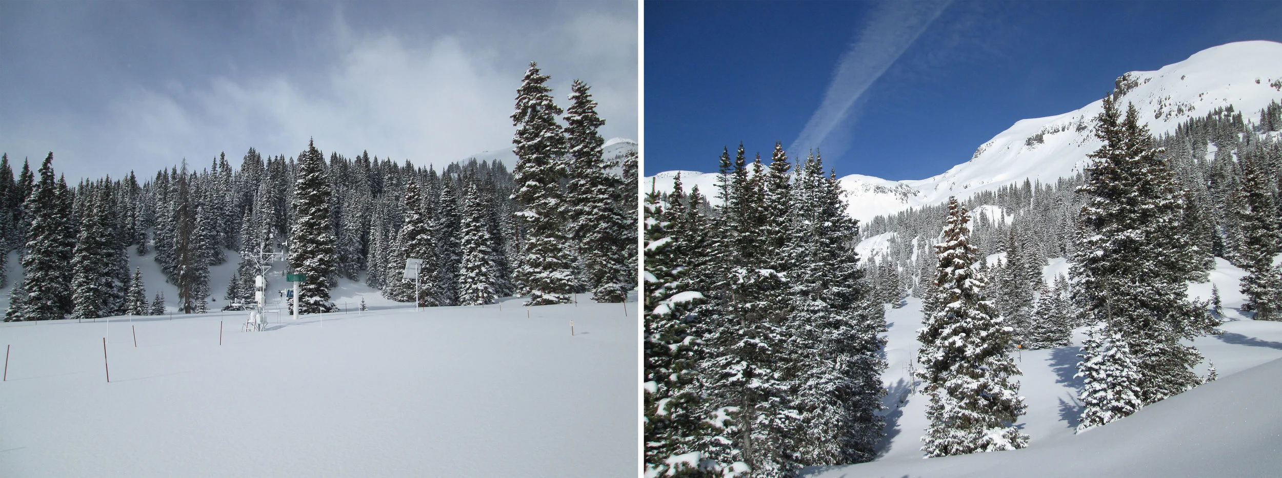 Swamp Angel Study Plot at Senator Beck Basin on the morning of March 28, 2014 (left), and the approach to Swamp Angel Study Plot on the morning of April 4, 2014 (right).
