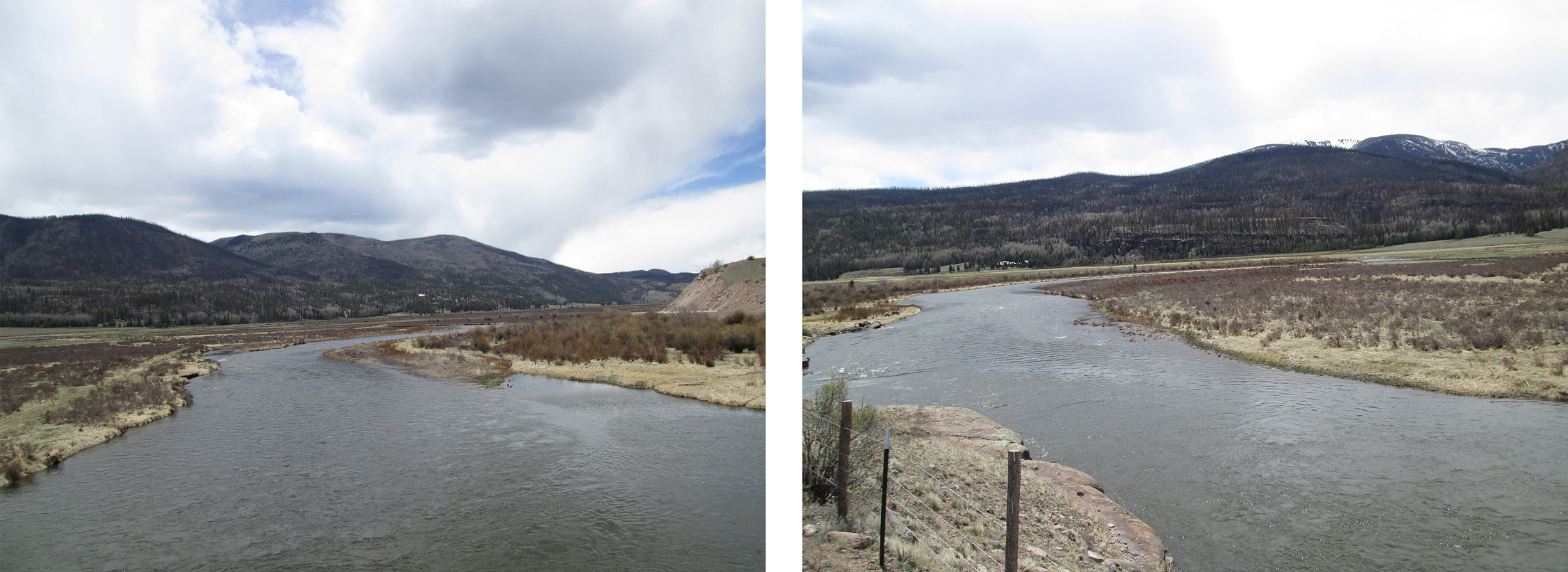 Looking upstream (left) and downstream (right) at near bank-full flows. Most, but not all gravel bars are covered. 
