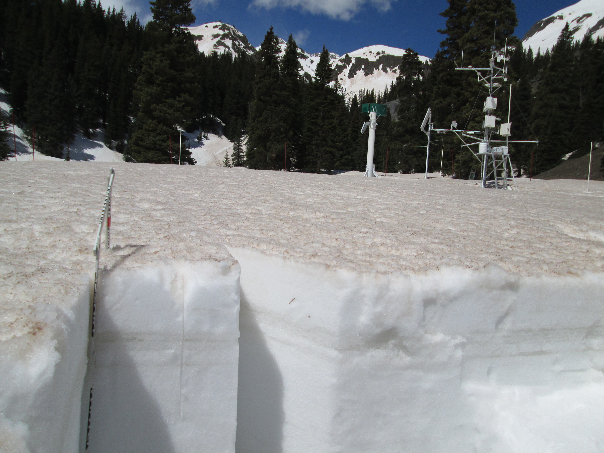 Albedo (broad band) at Swamp Angel Study Plot was 0.42 (42% reflectance) at mid-day on May 21; albedo values fell as low as 0.35 during the spring of 2013, with considerably more dust mass in the snowpack.