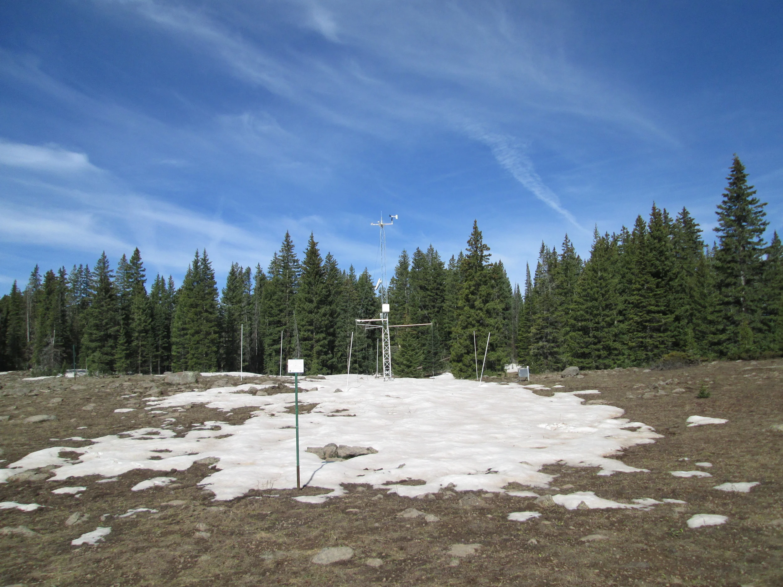 The only snow remaining in the open meadow at the Grand Mesa CODOS site was surrounding the instrument tower, which was specifically located to capture snow albedo measurements in the last bit of snowcover in that open area. Nearby, but several hundred feet lower, the Mesa Lakes Snotel had recorded ‘snow all gone’ a few days earlier, on May 30.