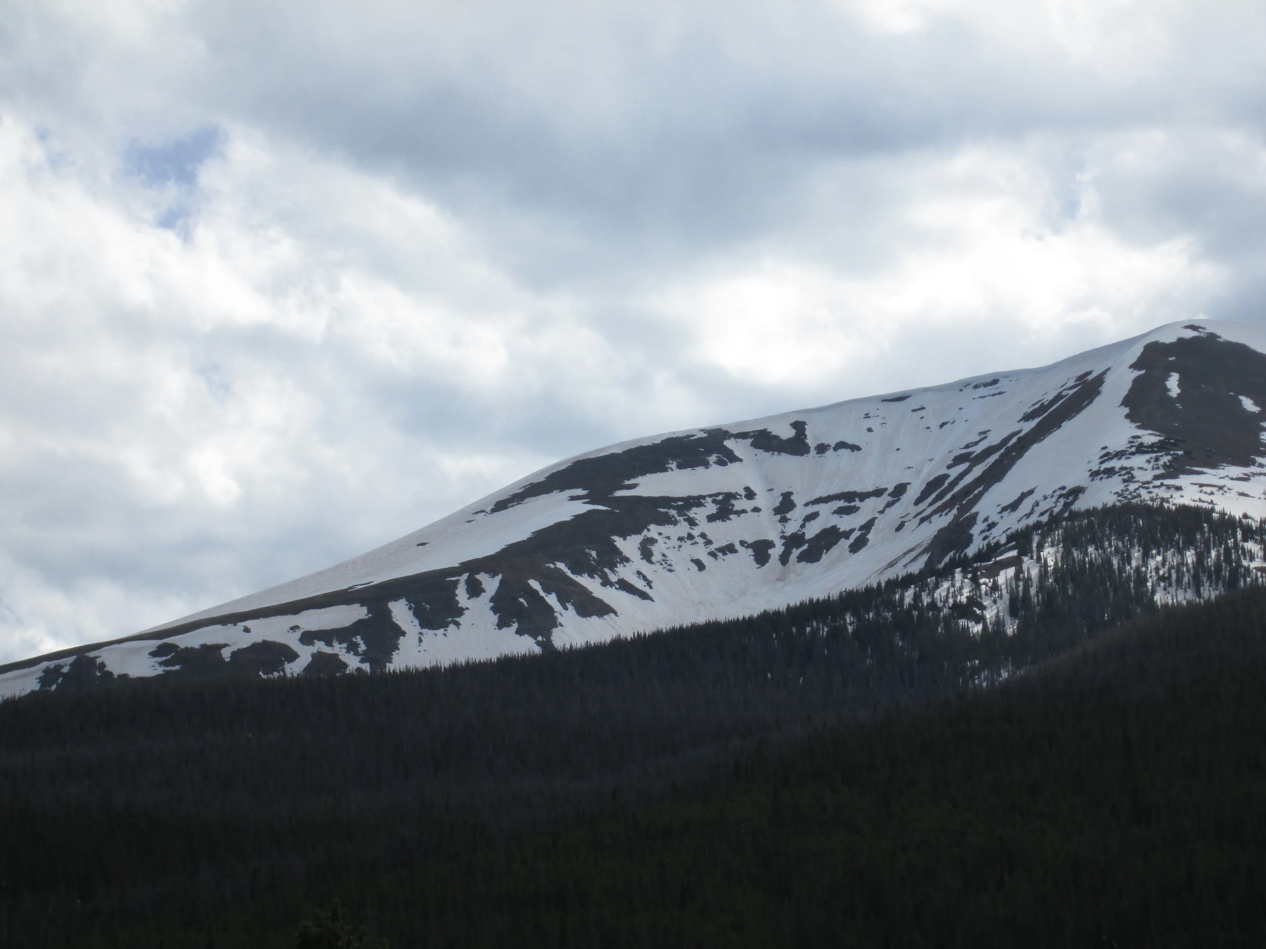 The characteristic fawn color of dust event D8, from May 11, was apparent on much of the snow surface on this east aspect of Parkview Mountain, interspersed with lingering patches of the Memorial Day weekend clean snowfall.