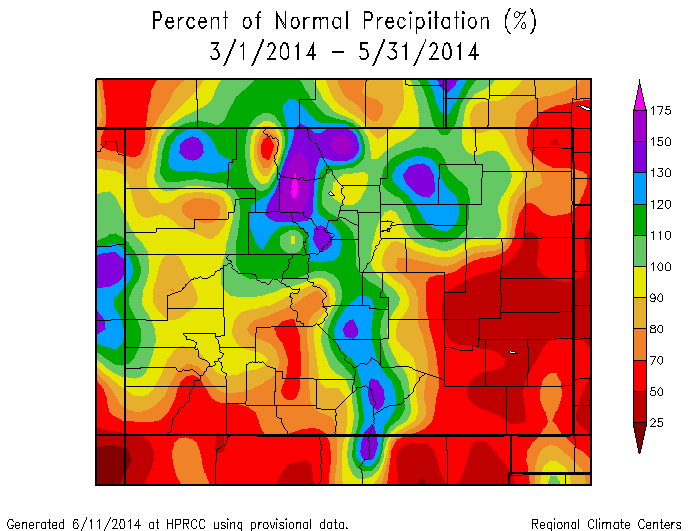 Figure 6: WY 2014 total March, April, and May precipitation in Colorado, as a percentage of station means, based on data from automated weather stations (not including Snotel). From the High Plains Regional Climate Center Web Page: http://www.hprcc.unl.edu.