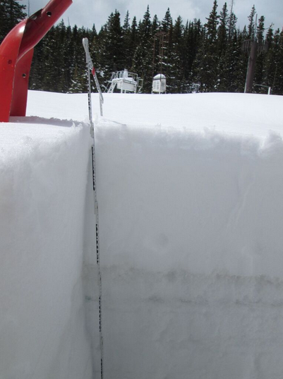 The upper portion of the 56” April 21, 2015 snowpack at the Berthoud Pass CODOS site, showing the impressive 15” layer of new snow containing 2.95” of SWE that had recently fallen onto a lightly dust-stained layer of melt-freeze ice. 