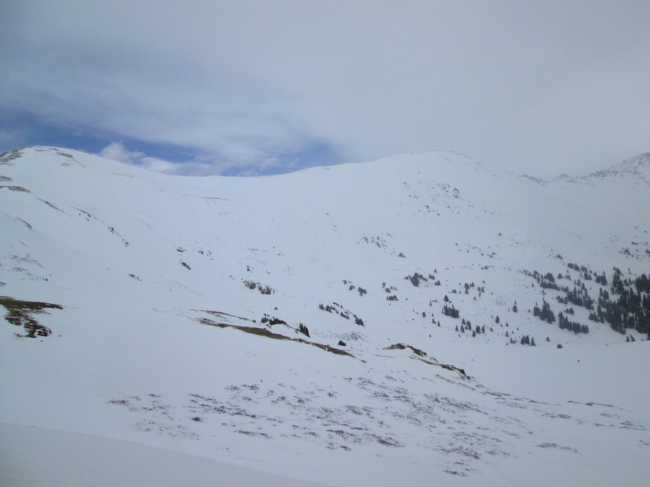The west side of Loveland Pass on April 21, 2015, still showing areas of thin snowcover that developed earlier in the season despite the recent winter storm.