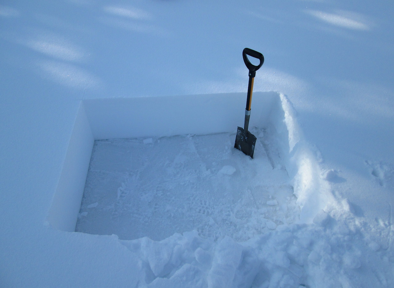 As at most CODOS sites during April, an often thick and very tough set of ice layers underlay the recent new snow layer. This 'snow' was much too strong to saw through or use a regular snow shovel to dig and required, instead use of a steel sod spade to excavate.