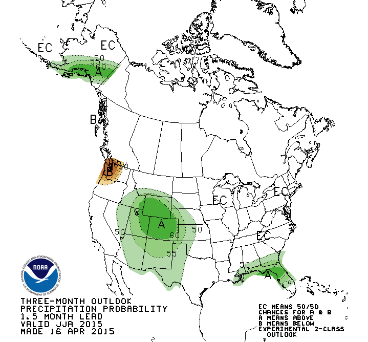 CPC’s three-month precipitation outlook for June, July, and August, as of April 16, 2015.