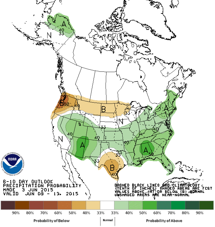 CPC’s 6-10 day precipitation outlook for June 9-13, as of June 3, 2015.