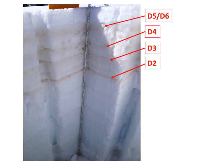 Swamp Angel Study Plot snow profile on May 13, 2016. D5/D6 is 4” below “clean” snow accumulation.