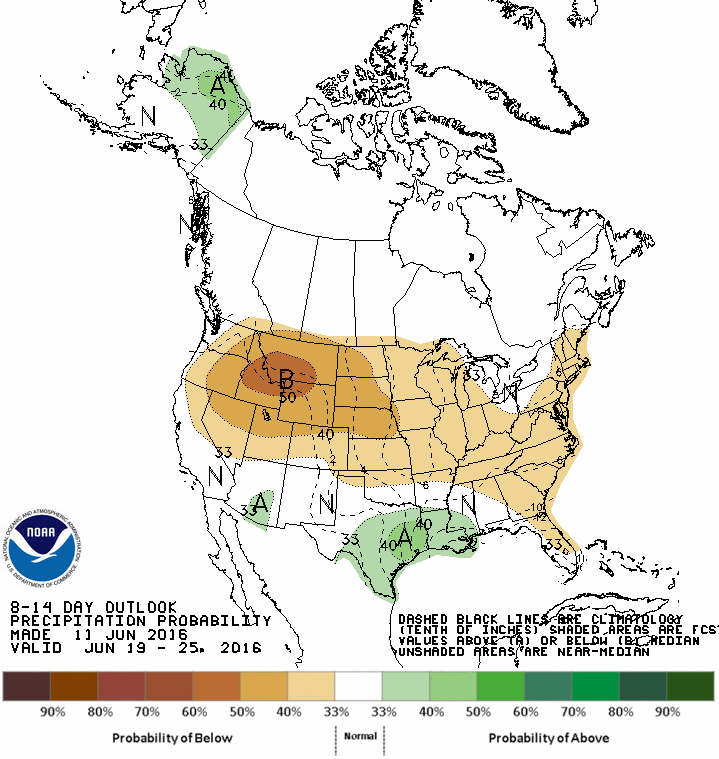 Precipitation outlook calls for increased chances for below average precipitation for all but the most southerly portion of Colorado.