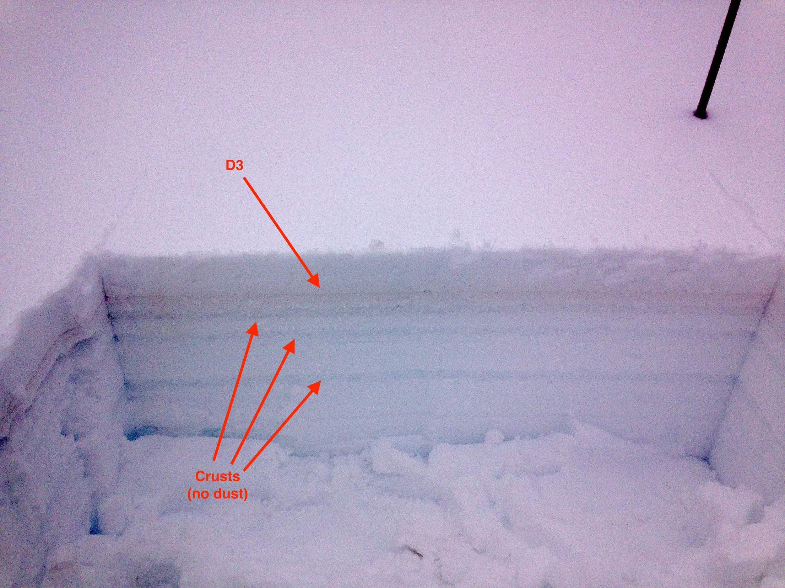 The March 31 dust event at Swamp Angel. Event D3 easily visible a few inches below surface