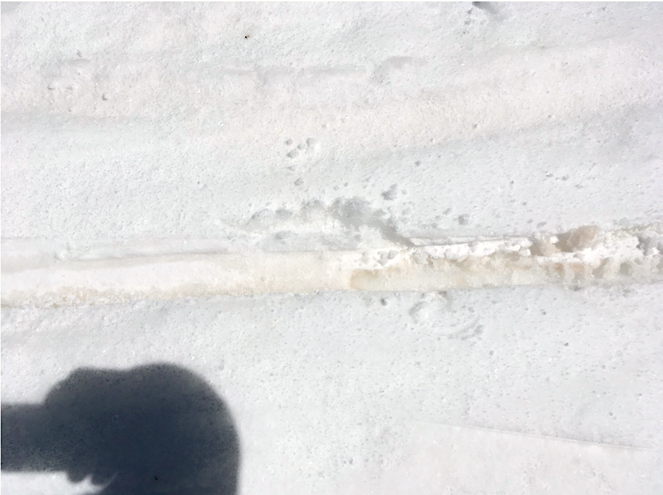 D4 visible blown into old ski tracks. This sort of dust pooling is typical of dry deposition. D4 appeared to be a mixed dry and wet event at Grand Mesa