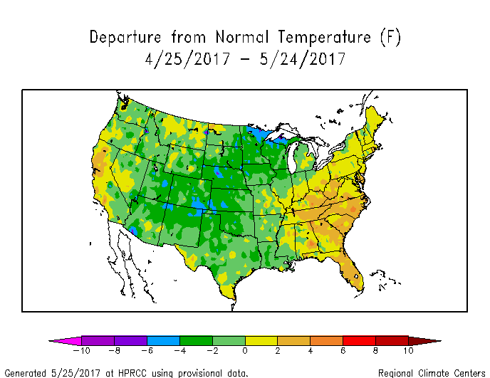 Departure from normal temperature for the last 30 days
