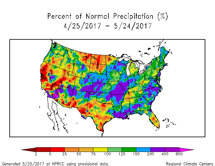 Percent of normal precipitation for the last 30 days