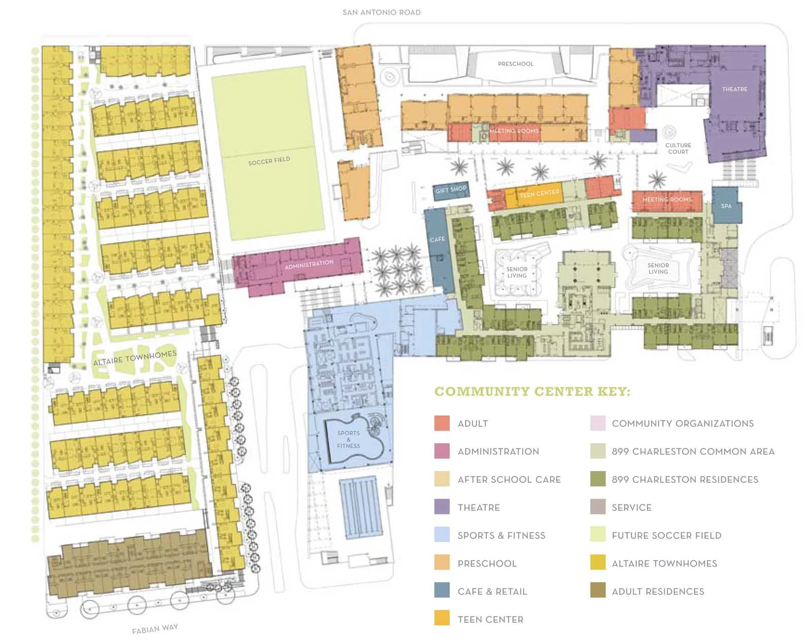 Image shows the entire layout of Altaire residences in yellow on the left, and the rest of the campus and fitness center on the right. (Click image to enlarge.)