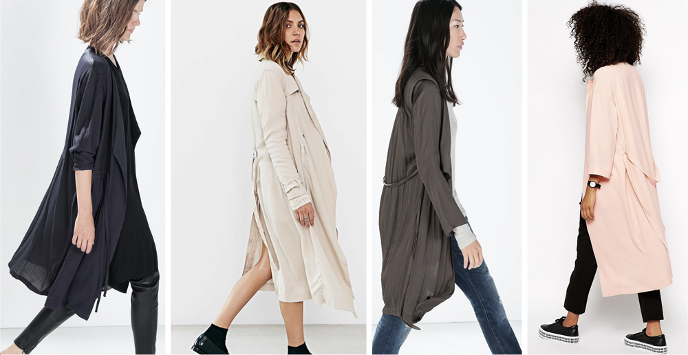 From left: Zara flowy gathered coat with belt , Urban Outfitters drapey trench coat , Zara destructured trench , Monki duster coat