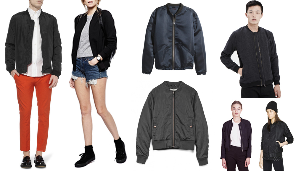 Clockwise from left: Acne Studios lightweight bomber jacket , ASOS bomber jacket with zip , H&M satin pilot jacket , Won Hundred anthracite melange leroy jacket , Aritzia salvatore jacket , Minimarket hapy navy blue jacket , Hope flight jacket