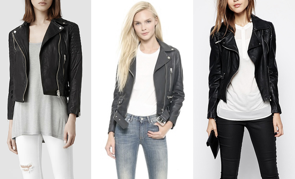 From left: Allsaints&nbsp;papin leather biker jacket, Acne Studios&nbsp;mock leather moto jacket, Karen Millen&nbsp;leather jacket with silver zip sleeves