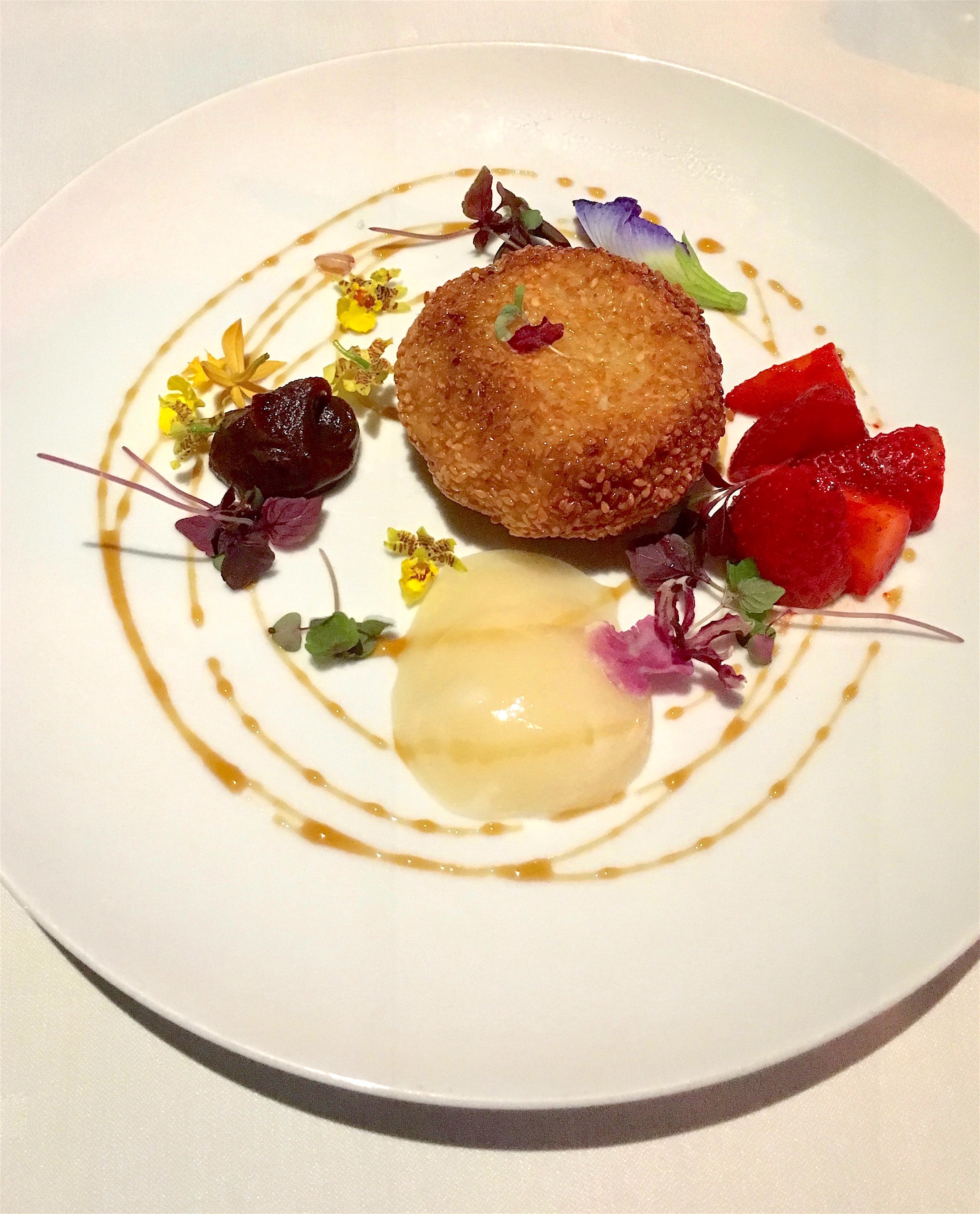 Sesame-encrusted island goat cheese with Waimea strawberries and edible flowers enjoyed {immensely} while partaking in the below view at CanoeHouse...{more below}&nbsp;