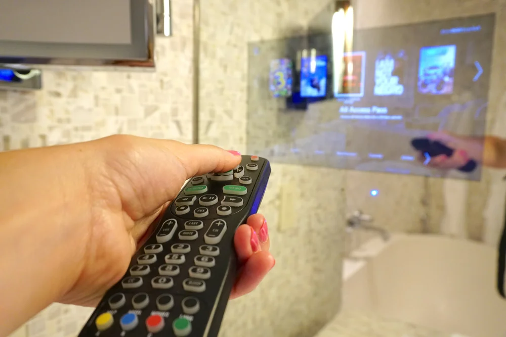  In case you feel like catching up on a little TV from your massive tub at the Four Seasons Hotel New York Downtown 