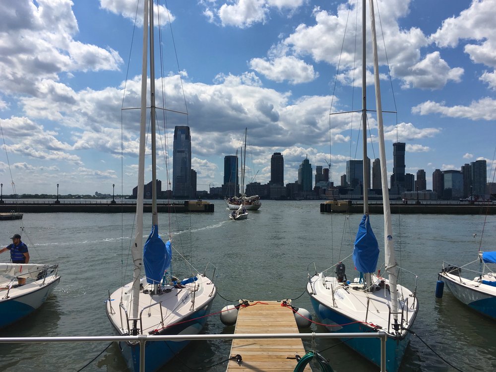  The view from Brookfield Place across the Hudson River. PS - You can see NYC by sailboat along with the experienced sailors at North Cove Marina {details at the North Cove Sailing Dick kiosk}. 