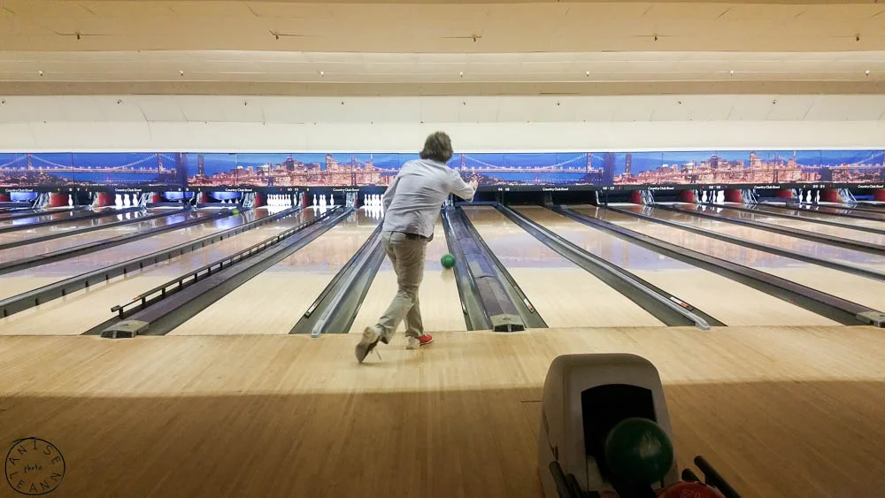 Bowling at Country Club Bowl in San Rafael, CA. On Nick: Pants: Levis, Shirt: Jcrew