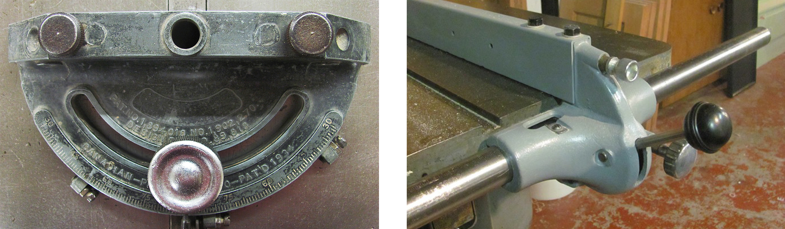 Original 1940s miter gauge and rip fence. Click to enlarge.