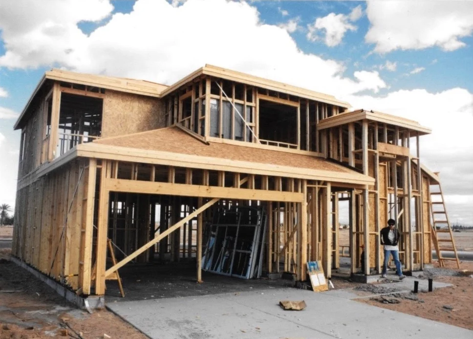 Shop No. 2: First-time homeowners and four years in this new Chandler garage. Right: Gluing up a curved apron dining table in 1996. Before making signs, I was building furniture in my free time.