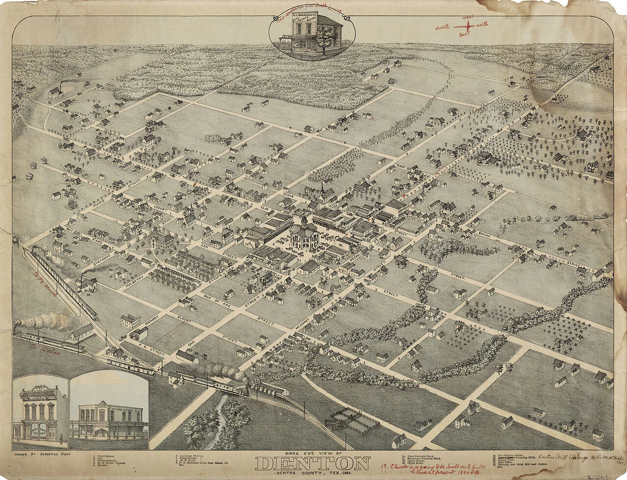 Bird’s eye illustration of Denton, Texas, 1885