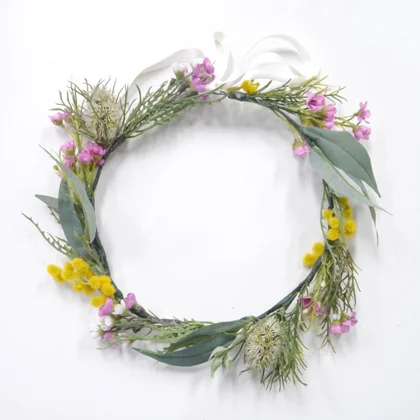 Add a touch of eucalyptus. Summerblossom custom headpiece.