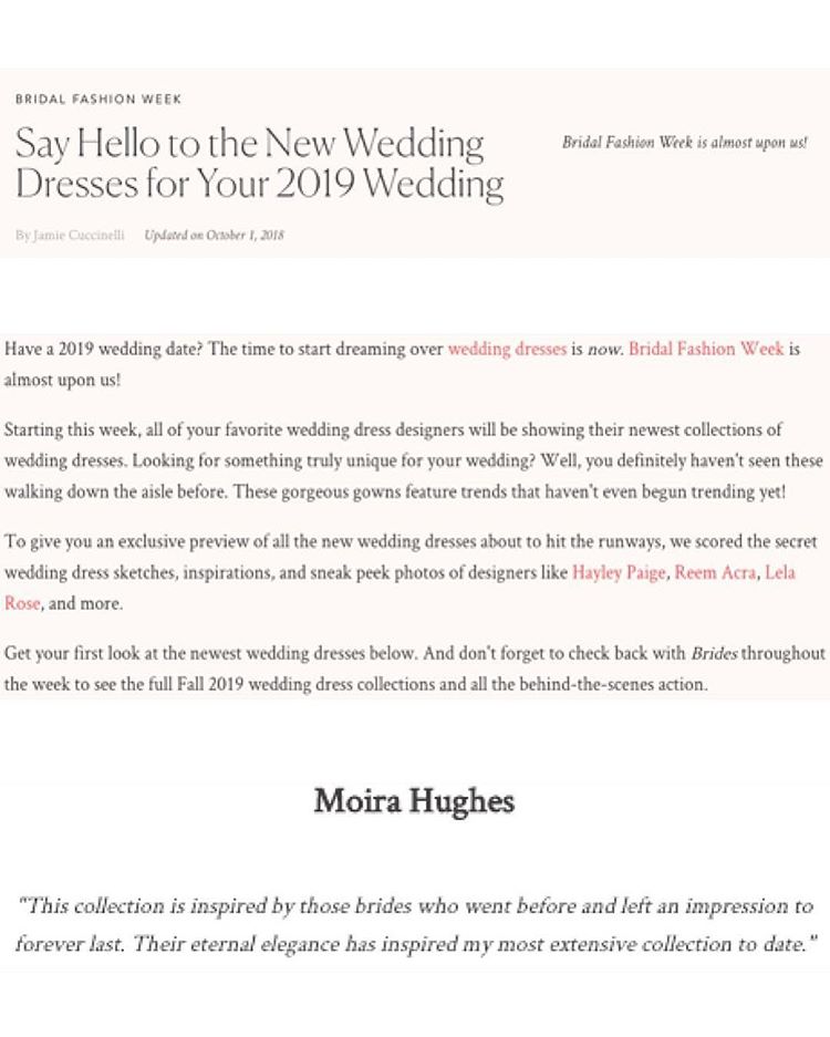Brides Moira Hughes Couture New York Bridal Week 2019 Wedding dress 