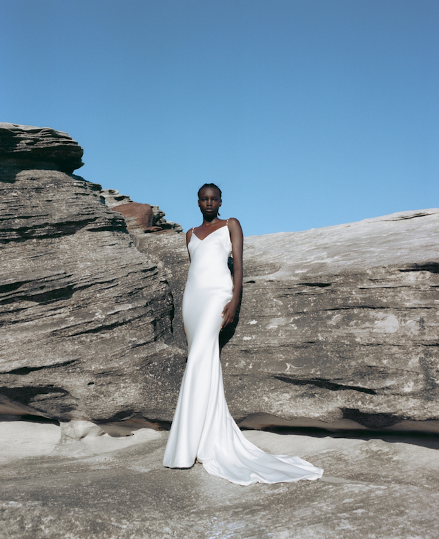 Chic couture modern wedding dress with pearl straps by Moira Hughes Australian bridal.png