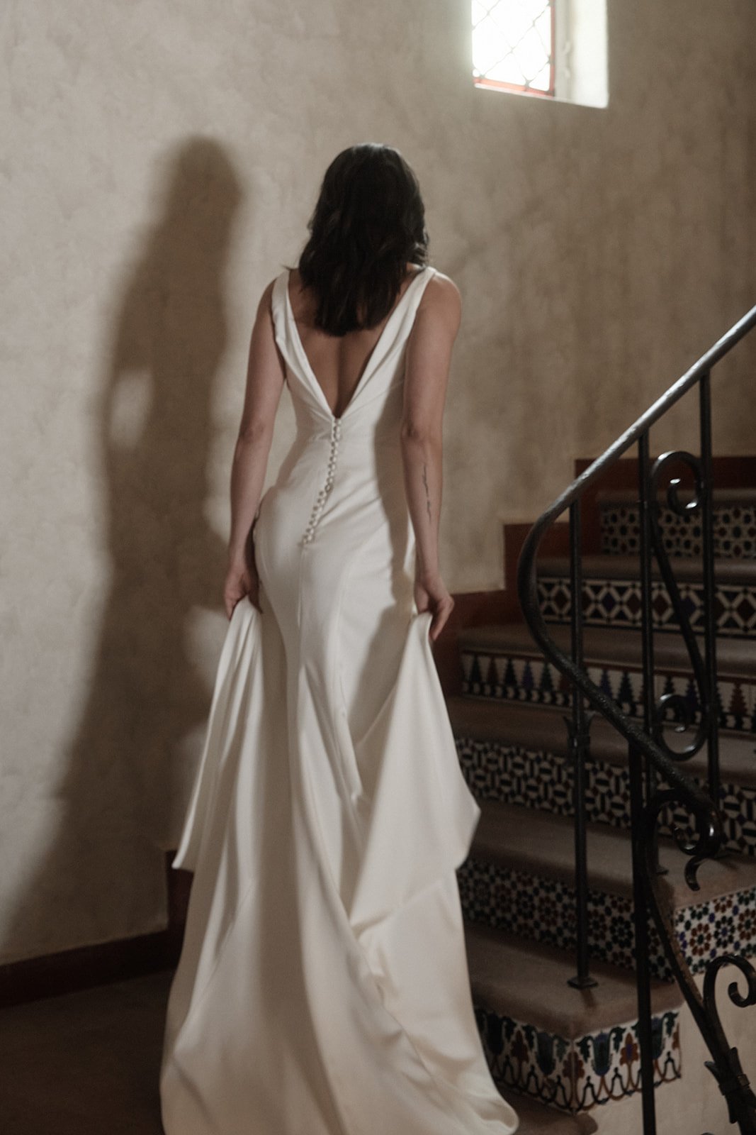 Fit and flare wedding dress from Moira Hughes Couture in Sydney with v neck and ruching.jpg