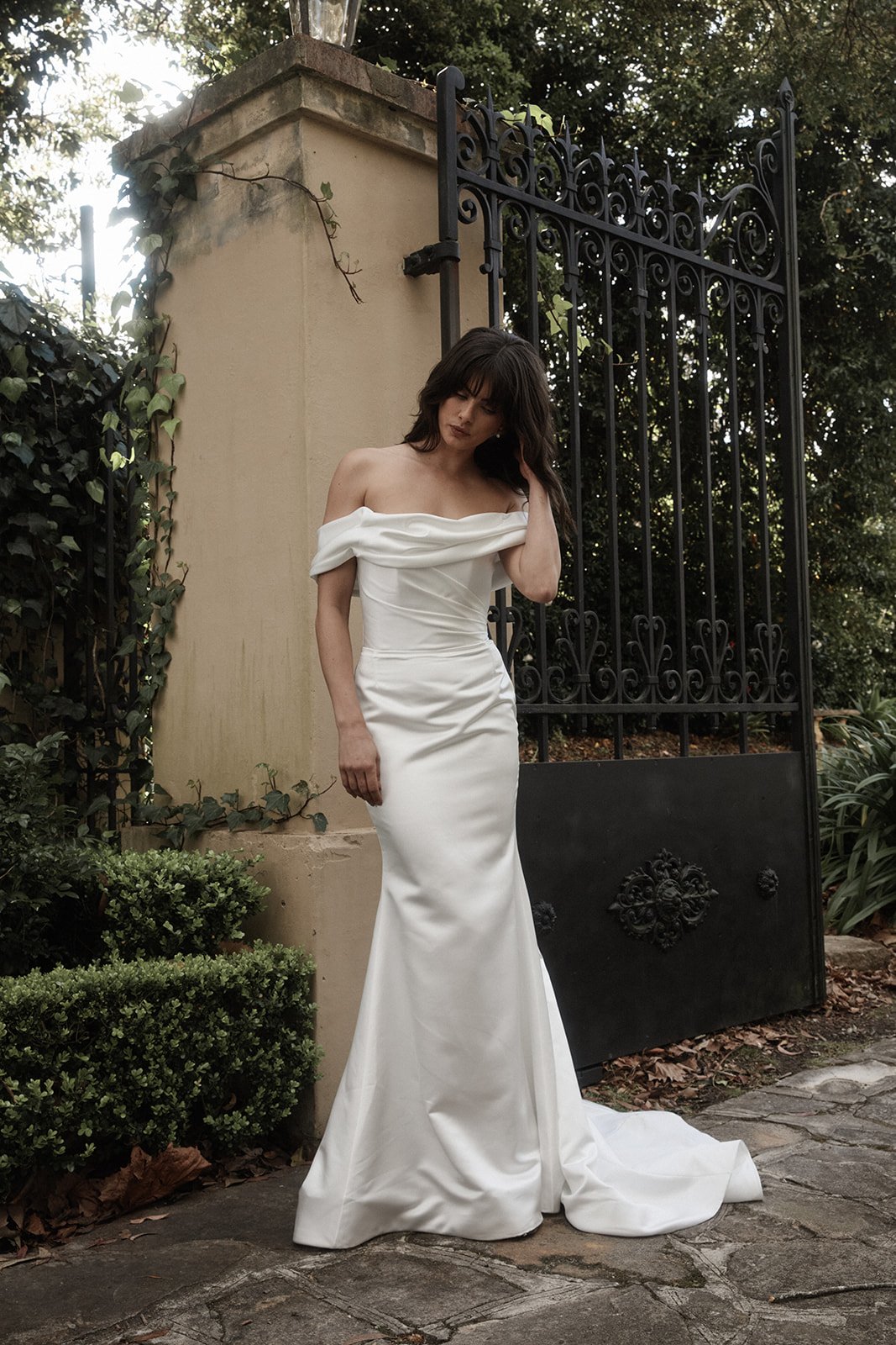Satin wedding dress with off-shoulder band front Moira Hughes Couture.jpg